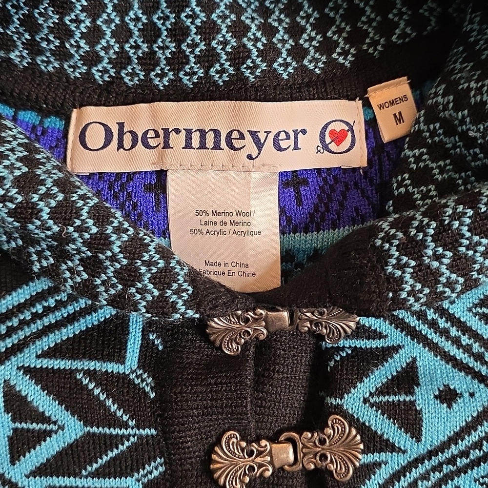 Obermeyer Fair Isle Wool Blend Blue and Black Sweater with Metal Buckles M - Picture 2 of 10